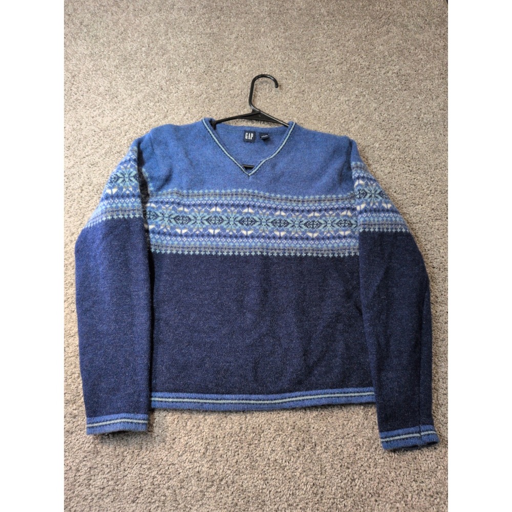 Gap Kids Blue Fair Isle V-Neck Sweater 100% Lambswool Size Large L Pullover